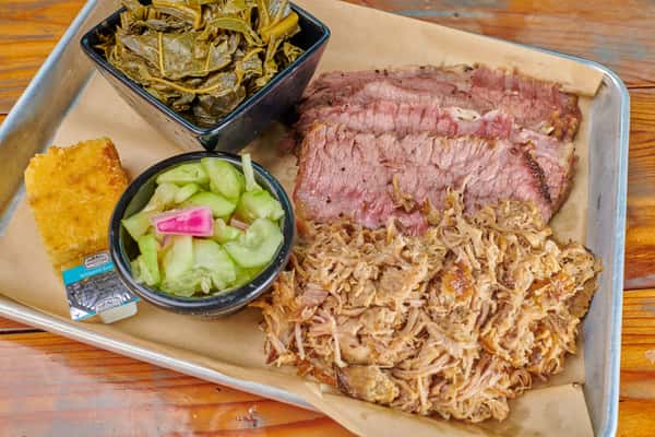 Pulled pork and sliced beef brisket