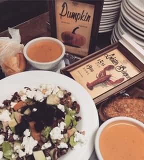 cranberry salad with feta cheese and 2 cups of soup
