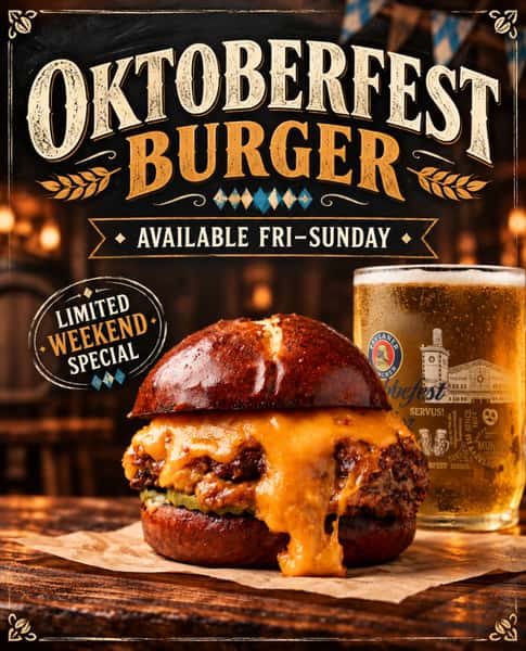 Our Oktoberfest Burger is here for the weekend! 🍔🍺

Double smash patties, cheddar cheese, caramelized onions, pickles, and sweet Bavarian mustard, all on a pretzel bun. And because one sauce is never enough, we’re serving it with beer cheese sauce on the side for dipping.

Available Friday through Sunday only! Come grab yours at Kings Row.

#KingsRowGastropub #Oktoberfest #Pasadena #BurgerSpecial #oktoberfest2026