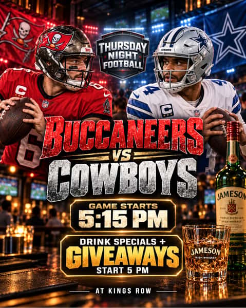 GIVEAWAY starts at 5pm🎁

Thursday Night Football follows right after. Join us for Jameson giveaways, drink specials, and Buccaneers vs Cowboys at Kings Row.

📍20 E Colorado Blvd, Pasadena, CA 91105

#kingsrowgastropub #giveaway #jameson #pasadena #buccaneersvscowboys