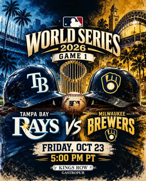The World Series is here and the Tampa Bay Rays take on the Milwaukee Brewers in Game 1!

Grab your crew, order your favorites, and catch every inning with us at Kings Row. 

⚾ Rays vs. Brewers — Game 1
📅 Friday, October 23 | 5 PM PT
📍 Kings Row Gastropub | 20 E Colorado Blvd, Pasadena

#WorldSeries2026 #KingsRowGastropub #RaysVsBrewers #Pasadena #MLB