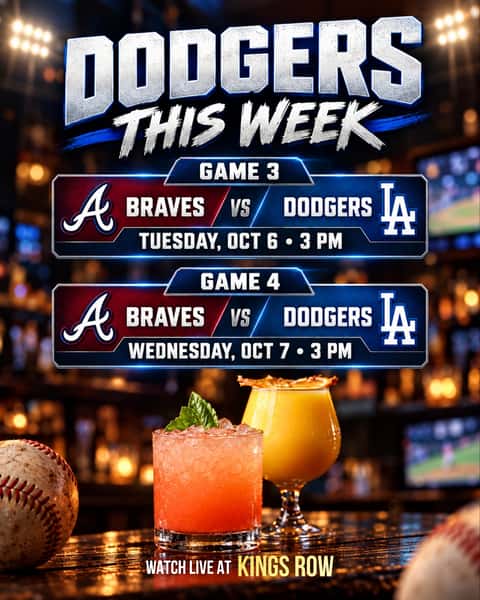 Catch the Dodgers on the road this week. ⚾

Game 3 Tuesday at 3 PM, Game 4 Wednesday at 3 PM. Come grab a drink, get a seat and watch both with us at Kings Row.

📍20 E Colorado Blvd, Pasadena, CA 91105

#kingsrowgastropub #kingsrow #dodgers #dodgersvsbraves #mlb