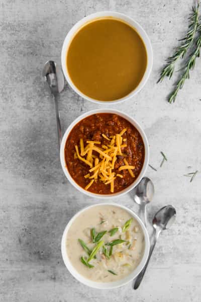 Three Soups: Butternut Squash, Chili, New England Clam Chowder