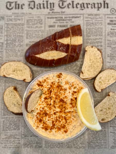 Crab Dip with sliced pretzel bun