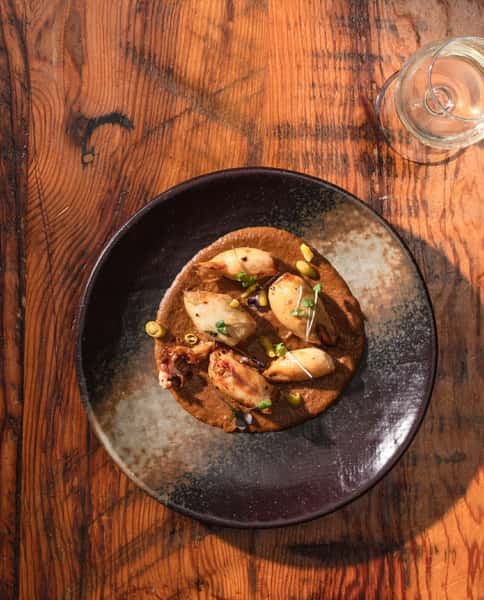 Stuffed baby squid, linguiça, crab sofrito, vatapá