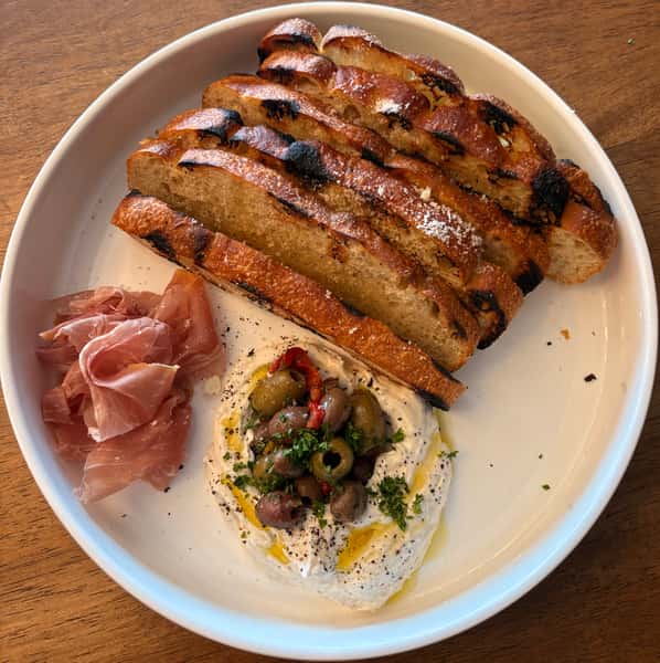 Good Bread + Whipped Honey Ricotta+ Prosciuto & italian Olives