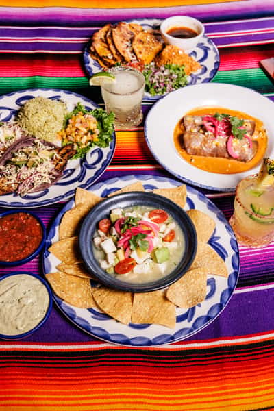 Colorful Mexican food spread featuring ceviche with tortilla chips, enchiladas, tacos, grilled chicken, salsa trio, and vibrant cocktails on a festive tablecloth.