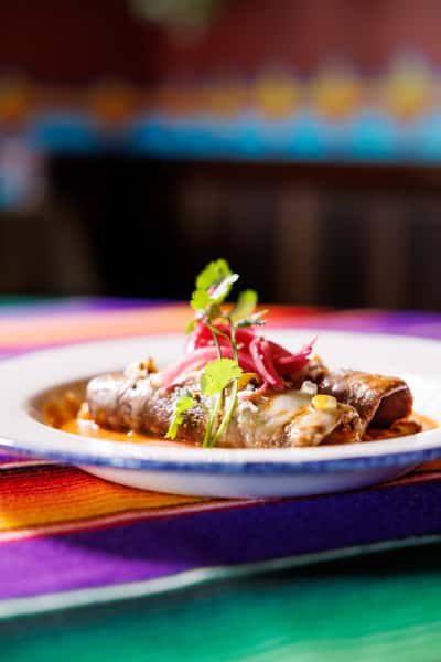 Cheesy enchiladas smothered in red sauce, garnished with pickled onions and fresh cilantro, served on a vibrant Mexican textile background.