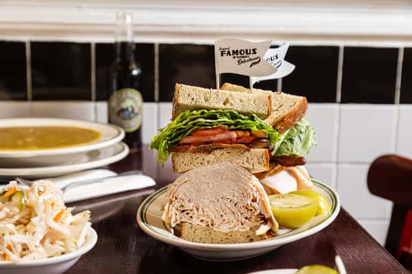 Turkey sandwich with matzo ball soup at Famous 4th Street Delicatessen — kosher-style lunch in Philadelphia.