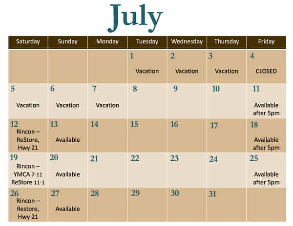 July Event Calendar
