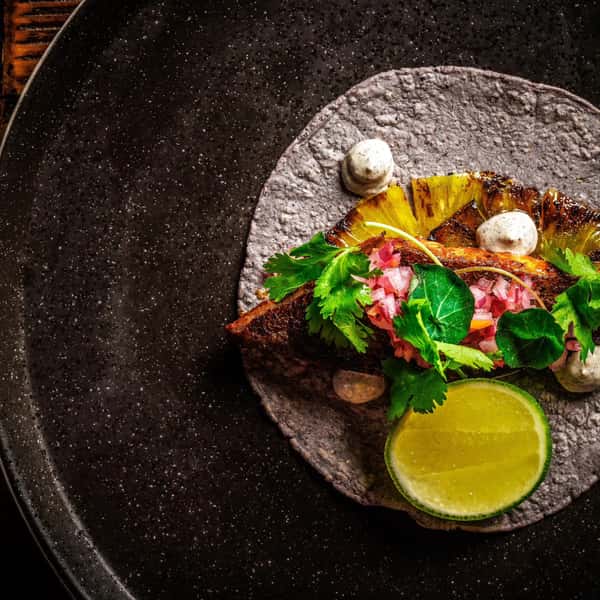 Grilled meat dish with garnish and toppings served on a sauce