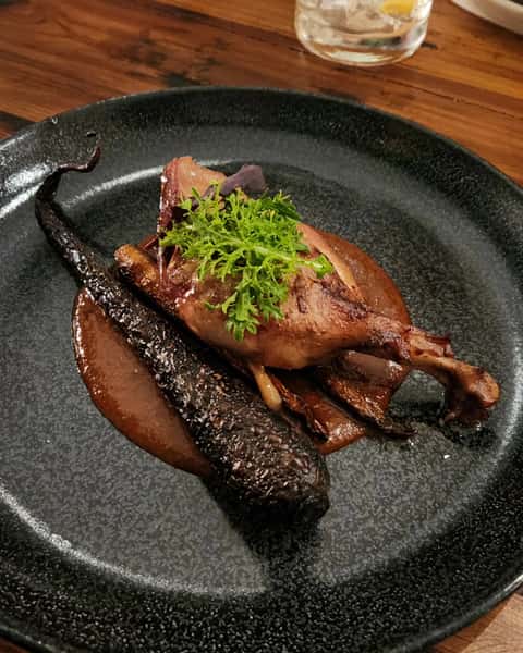 Poultry and meat dish served on a sauce with garnish