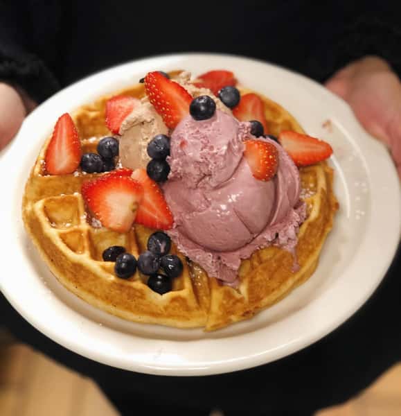 pancakes with strawberries, blueberries and ice cream