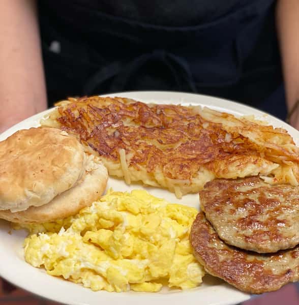 pancakes, steak and egg
