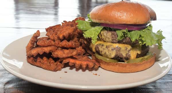 burger and sweet potato fries