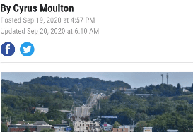 An elevated highway cuts through a green, hilly landscape. "By Cyrus Moulton. Posted Sept 19, 2020 at 4:57 PM. Updated Sept 20, 2020 at 6:10 AM."