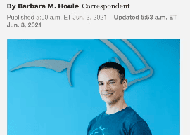 A man smiles at the camera, wearing a dark blue t-shirt, with a light blue wall behind him. The text in the image says "By Barbara M. Houle Correspondent, Published 5:00 a.m. ET Jun. 3, 2021 | Updated 5:53 a.m. ET Jun. 3, 2021".