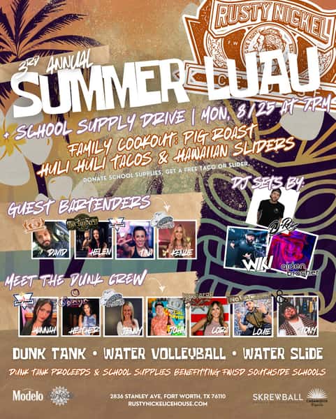 Summer’s not over ‘til we say so! 🌺 — Join us Monday, 8/25 at 7pm for our Summer Luau + School Supply Drive 🤠
🐖 Family Cookout with Pig Roast: Huli Huli Tacos & Hawaiian Roll Sliders. Donate supplies and get a free taco or slider!
☀️ Dunk Tank with your fav industry peeps + Water Slide and Water Volleyball
🎶 Beats by @djaidenbrasher, @djd_roz, and @djwiki_
Bring school supplies, bring your crew, and let’s party! 🍻