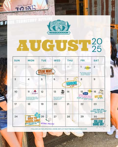 Upcoming Events at Rusty Nickel IceHouse 🔥🤠
Football 🤩, Silent Disco, Steak Nights, Back to School Bash, and a whole lot more comin’ your way! Check out the calendar and stay tuned for the details! 🍻