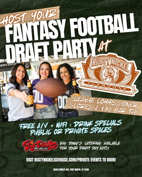Your fantasy draft deserves more than a living room and lukewarm pizza 🏈 -- Level up at Rusty Nickel IceHouse with free WiFi, A/V setup, ice-cold drinks, and Big Dawg’s Catering to keep the crew fed 🔥
Click the link in our bio to book — draft day starts here. 🍻