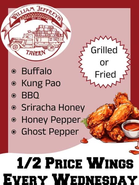 1/2 priced wings flyer with sauce options