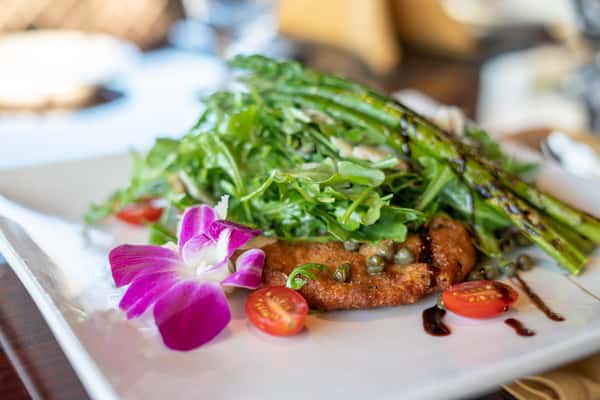 A vibrant Tuscan-inspired dish featuring tender grilled asparagus and fresh arugula salad layered over a rich base of savory braised meat or roasted vegetables in a rustic tomato sauce. The plate is beautifully finished with halved cherry tomatoes, capers, and a delicate purple orchid garnish, adding color and elegance. The peppery greens and charred asparagus create a fresh contrast to the hearty, slow-cooked flavors beneath, presenting a balanced dish that feels both rustic and refined, perfect for an authentic Italian dining experience.
