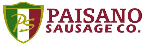 Paisano Sausage Logo with Shield, Italian flag colors and letters P and S on the shield in gold.