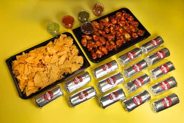 Team Lunch Burritos, chicken wings and chips & dips