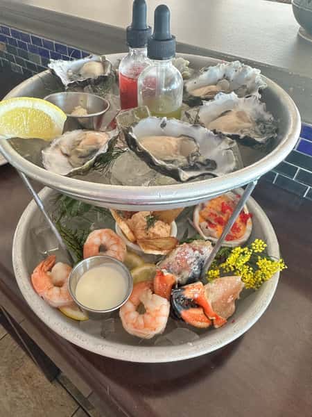 Seafood tower with oysters and shrimp