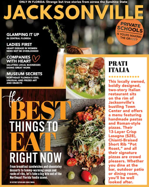 Photo of the Jacksonville Magazine cover with collage of text clipped from the article showcasing Prati Italia as one of the featured restaurants.