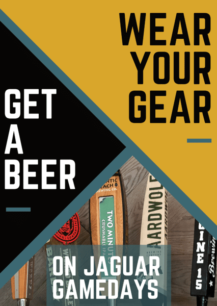 Graphic of a beer tap and Wear Your Gear, Get a Beer promotion for football season