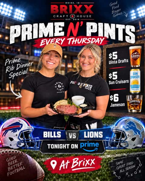 🔥Prime N’ Pints is here! 🥩🍺🏈

Join us tonight for our Prime Rib Dinner Special, plus $5 Uinta drafts, $5 Sun Cruisers & $6 Jameson while the Bills take on the Lions!!

See You Tonight!!

#PrimeNPints #thursdaynightfootball #PrimeRib #gameday #boise