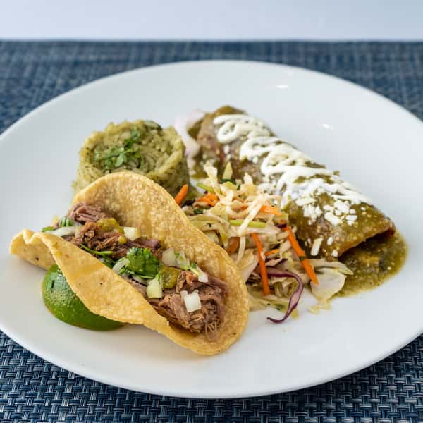 4. Verdes Enchilada, Brisket Taco, Mesero Slaw, Arroz Verde