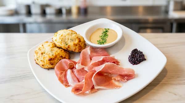 Prosciutto served with warm biscuits, a side of mustard sauce with chives, and dark fruit preserves.