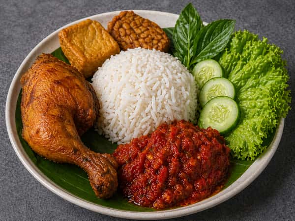Indonesian-style nasi ayam penyet with crispy smashed fried chicken, white rice, spicy sambal, tofu, tempeh, and fresh cucumber slices.