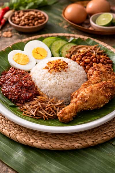 Traditional nasi lemak platter with crispy fried chicken, coconut rice, sambal, boiled egg, peanuts, anchovies, and fresh cucumber slices served on a banana leaf.