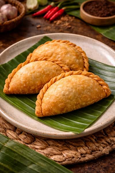 Golden Malaysian sardine curry puffs with flaky pastry shells served on a banana leaf, a popular savory snack.