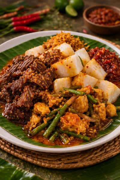 Traditional lontong kering with rice cakes, spicy sambal, beef rendang, vegetables, and rich Malaysian-style curry gravy.
