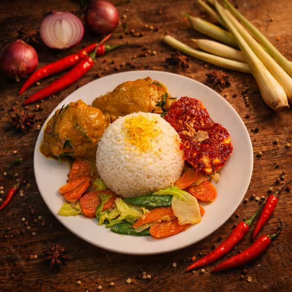 Malaysian-style rice platter with white rice, rich curry gravy, vegetables, and savory traditional accompaniments garnished with fresh herbs and spices.