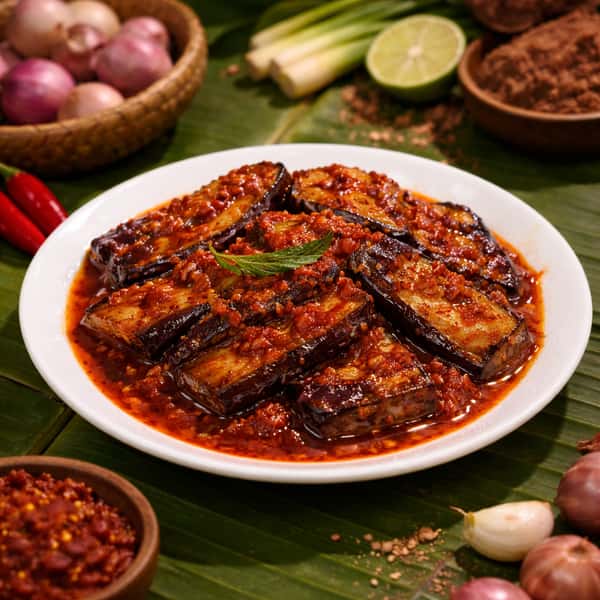 Terung belado featuring fried eggplant topped with spicy sambal chili sauce, a flavorful Malaysian and Indonesian-style side dish.