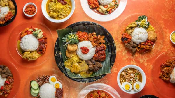 Assorted Indonesian and Southeast Asian rice plates featuring grilled meats, curries, vegetables, sambal, and traditional side dishes arranged around a signature nasi campur platter.