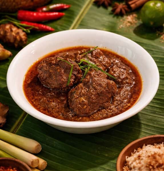 Malaysian beef rendang with tender slow-cooked beef in rich spiced coconut gravy, garnished with herbs and served in a traditional bowl.