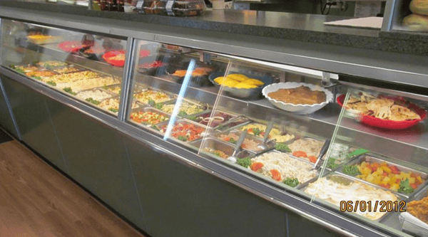 Deli window with assorted salads