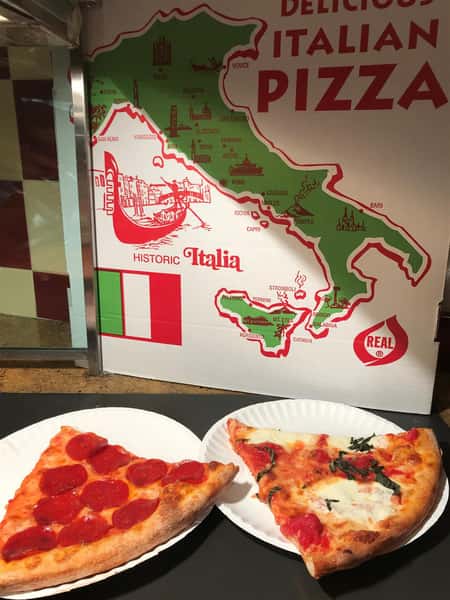 slice of pepperoni pizza and slice of margherita pizza