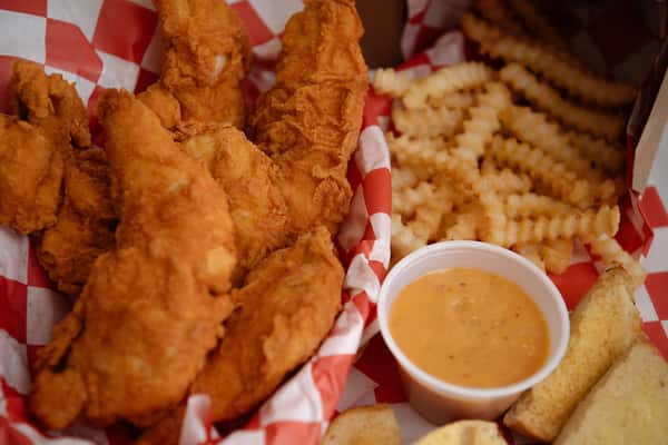 Hand breaded chicken tenders served with crinkle cut fries and dipping sauce.