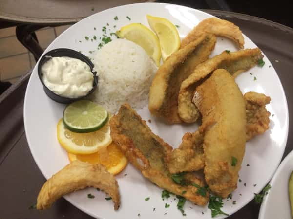 fried fish with rice and tarter sauce