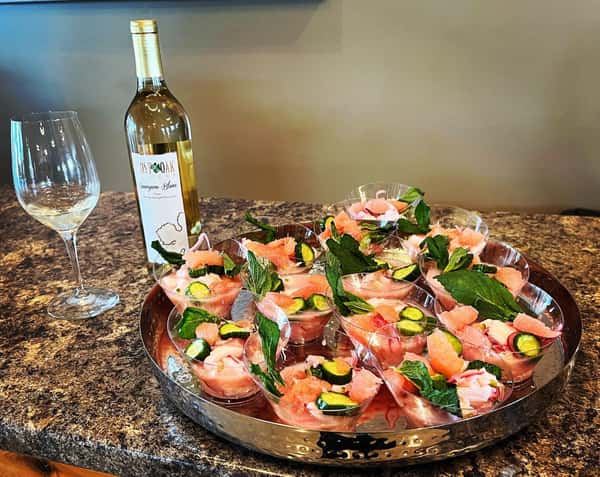 Wine pairing again at Texas Wine Collective: Sauvignon Blanc and ceviche with grapefruit, pickle cucumbers and mint. #fresh #winecountryliving #bright #prettytoo #hillcountrycatering @txwinecollectivefbg