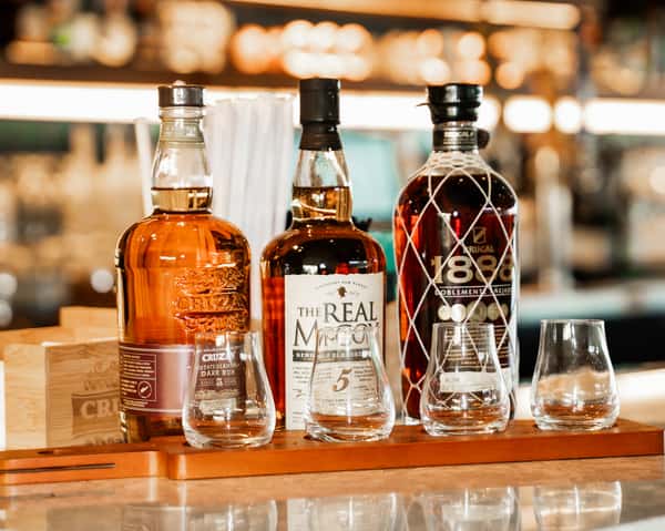 rum flight displayed on bar counter