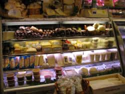 Meats and cheeses on display