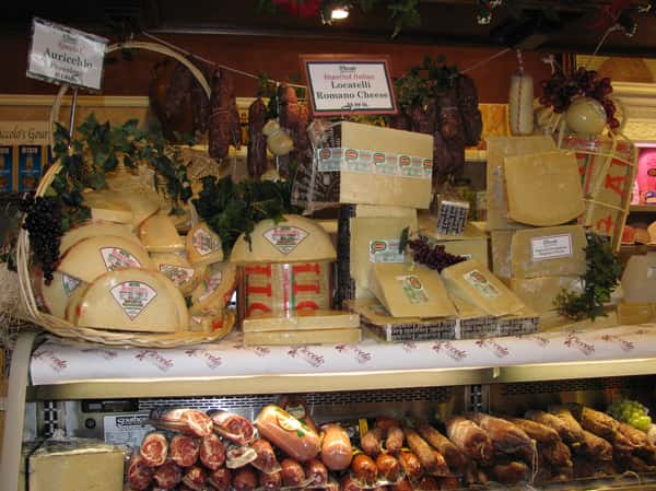 Cheeses and meats on display